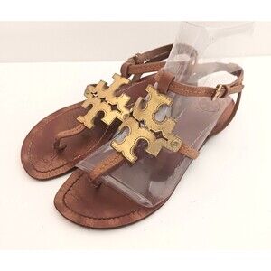 Tory Burch Chandler T Strap Thong Sandal Gold Logo Brown Leather Ankle Straps 7M